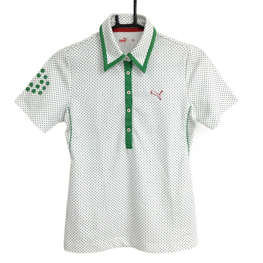 【超美品】プーマ 半袖ポロシャツ 白×グリーン ドット柄 ロゴ刺しゅう レディース M ゴルフウェア PUMA