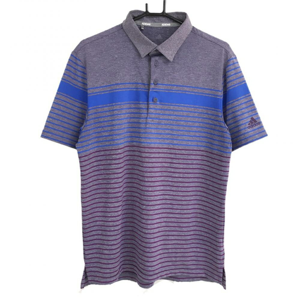 ★特価★【美品】アディダス 半袖ポロシャツ パープル×ブルー ボーダー 袖ロゴプリント メンズ ゴルフウェア adidas
