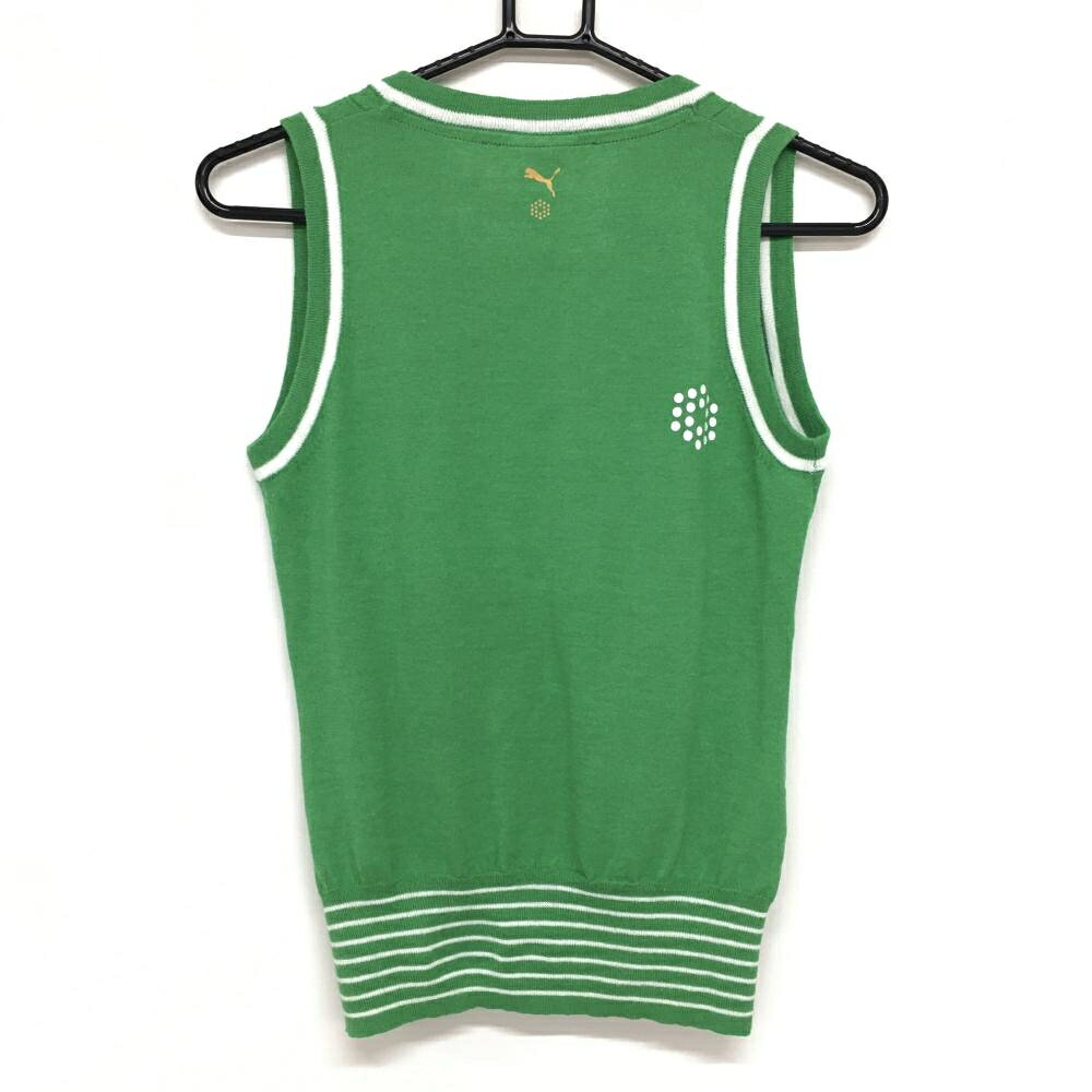 【美品】プーマ ニットベスト グリーン×白 Vネック 裾ボーダー ロゴ刺しゅう レディース M ゴルフウェア PUMA