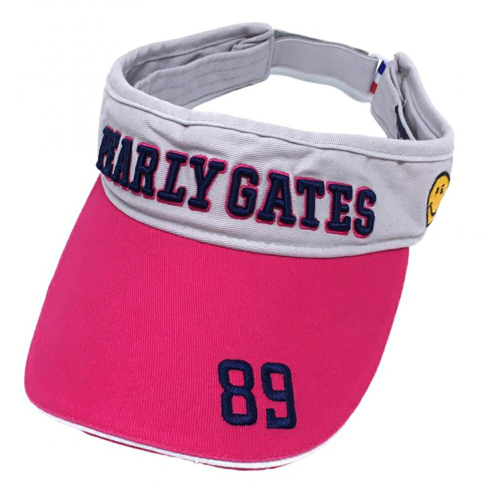 ★特価25%OFF★【美品】パーリーゲイツ サンバイザー ピンク×ライトグレー ニコちゃん スマイル コットン100％ FR ゴルフウェア PEARLY GATES