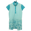 ★特価★【美品】ヒールクリーク ハイネックワンピース ライトブルー×白 ストライプ 花柄 ボタン レディース 40(M) ゴルフウェア Heal Creek