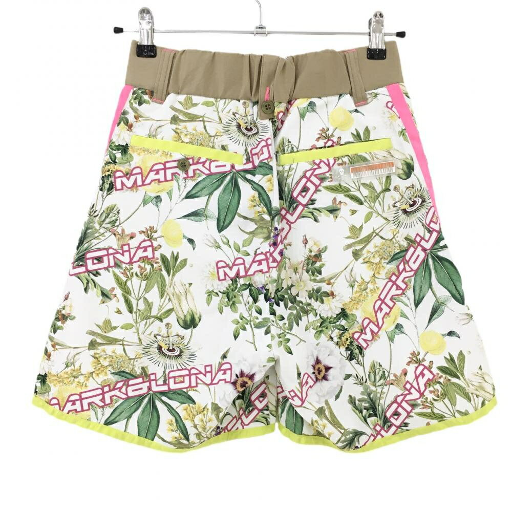 【超美品】マークアンドロナ キュロットスカート 白×グリーン 花柄 ロゴ 裏地付き レディース 38(M) ゴルフウェア MARK＆LONA