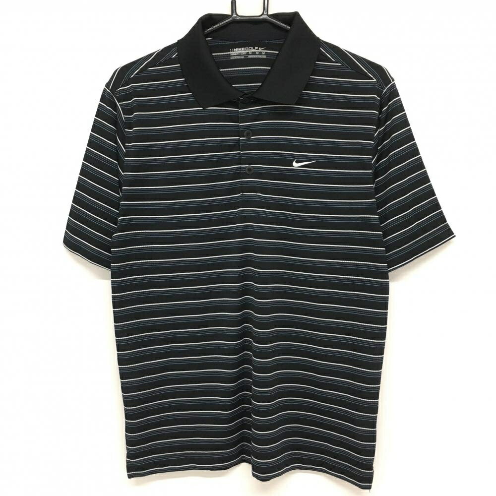 ★特価★【超美品】ナイキ 半袖ポロシャツ 黒×白 ボーダー柄 ロゴ刺しゅう 袖下メッシュ調 メンズ M ゴルフウェア NIKE