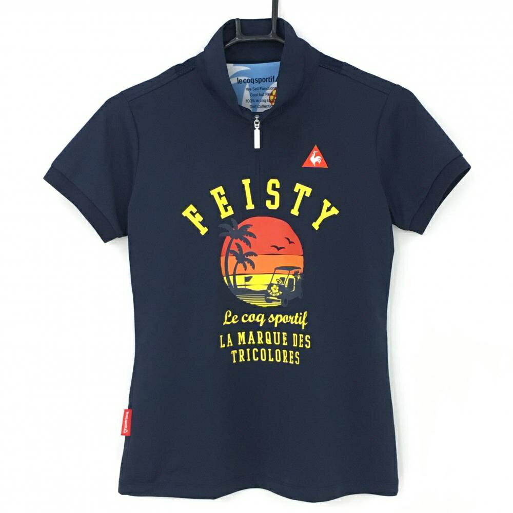 Le Coq - 【美品】ルコック 半袖ハイネックシャツ ネイビー×イエロー ビーチプリント ハーフジップ レディース M ゴルフウェア le coq sportif