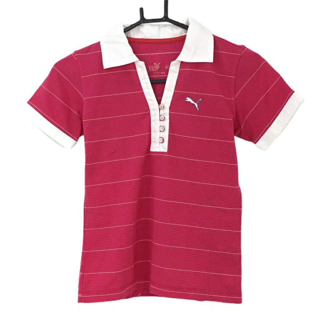 【美品】プーマ 半袖スキッパーシャツ ピンク×白 ボーダー 襟裏ロゴ レディース M ゴルフウェア PUMA