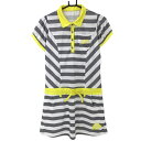★特価★【超美品】キスオンザグリーン 半袖ワンピース グレー×白 ボーダー ロゴイエロー レディース 2(M) ゴルフウェア kiss on the green