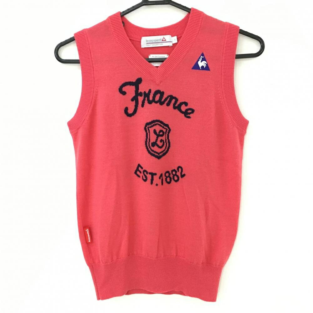 【超美品】ルコック ニットベスト ピンク×ネイビー Vネック ロゴ刺しゅう レディース S ゴルフウェア l..