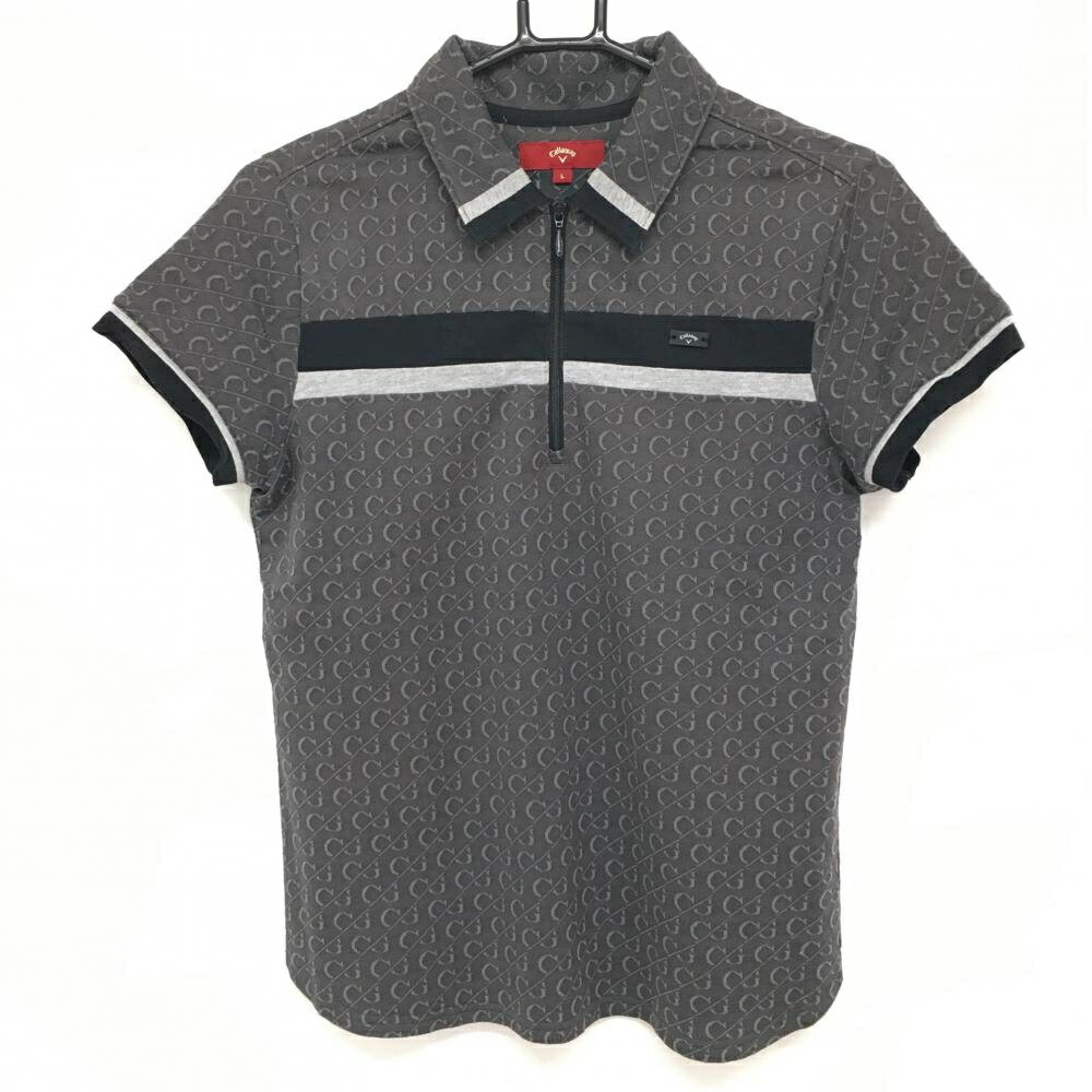 ★特価★【美品】キャロウェイ レッドレーベル 半袖ポロシャツ グレー 総柄 ハーフジップ レディース L ゴルフウェア Callaway