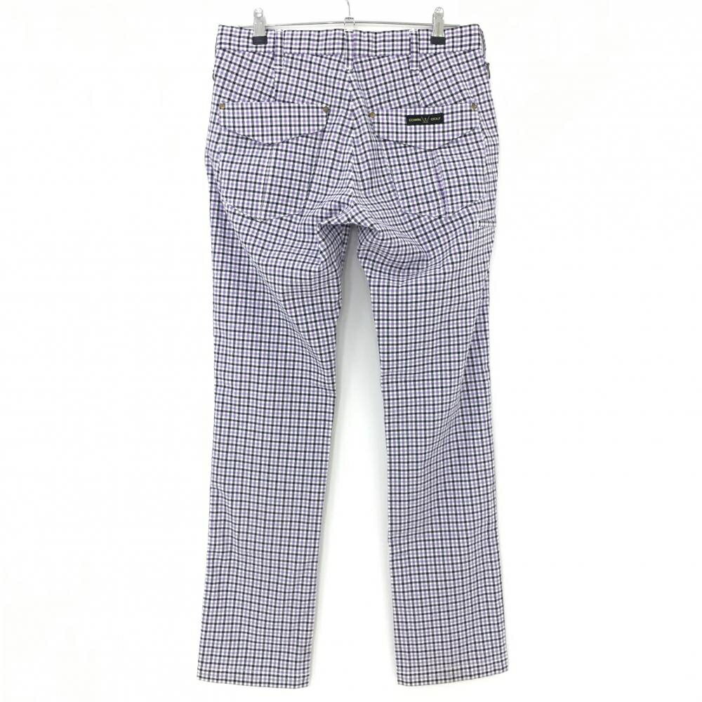【美品】エドウィン パンツ パープル×ネイビー ギンガムチェック サッカー生地 ストレッチ メンズ M ゴルフウェア EDWIN GOLF
