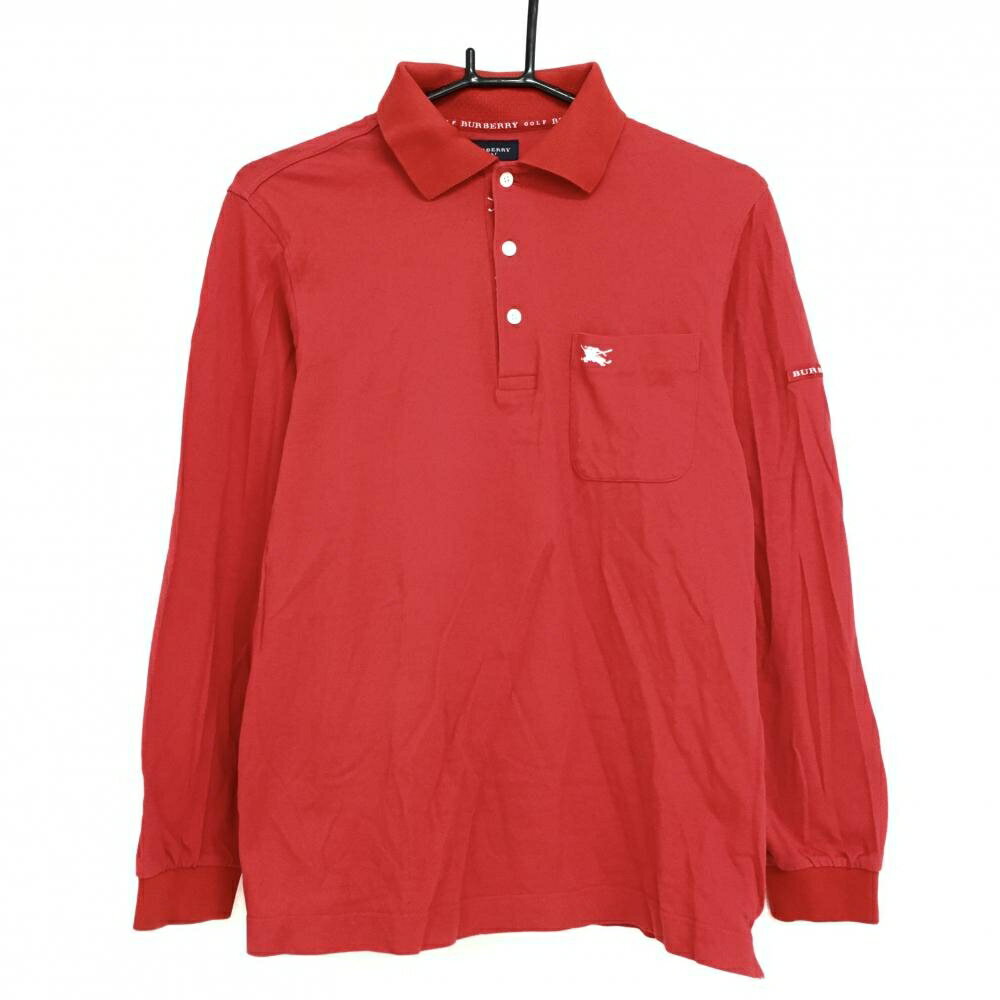 ★特価15%OFF★【美品】バーバリーゴルフ 長袖ポロシャツ レッド 胸ポケット 綿100％ メンズ M ゴルフウェア BURBERRY GOLF