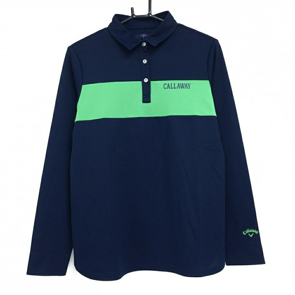 ★特価15%OFF★【超美品】キャロウェイ 長袖ポロシャツ ネイビー×グリーン ロゴプリント レディース LL ゴルフウェア 2023年モデル Callaway