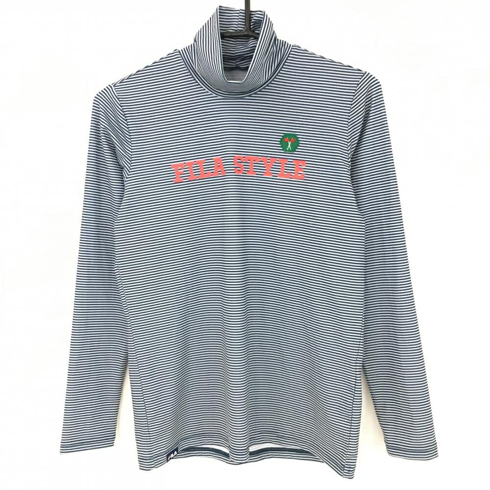 FILA Golf - 【超美品】フィラゴルフ 長袖タートルネックシャツ ネイビー ライトグレー ボーダー柄 胸元プリント レディース M ゴルフウェア FILA GOLF
