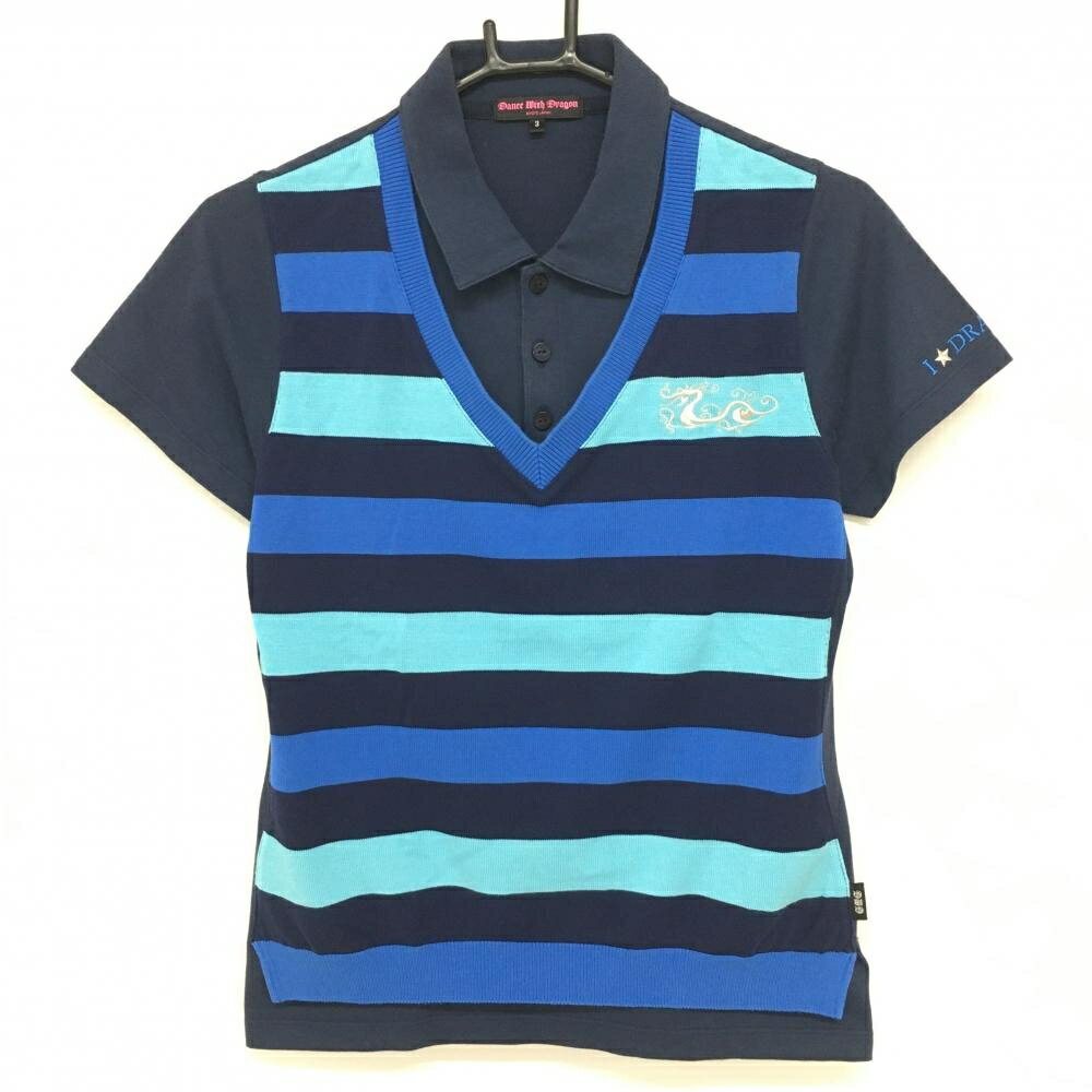 ダンスウィズドラゴン 重ね着風半袖ポロシャツ ネイビー×ブルー 前面ニットボーダー レディース 3(L) ゴルフウェア Dance With Dragon