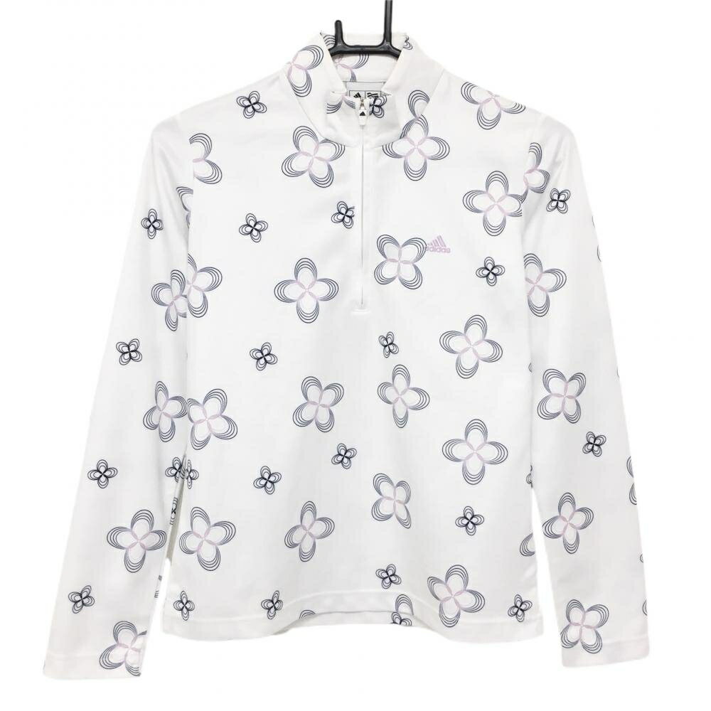 アディダス 長袖ハイネックシャツ 白×ネイビー 花柄 ハーフジップ レディース M/M ゴルフウェア adidas