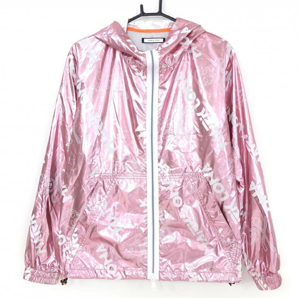 ★特価15%OFF★【美品】マークアンドロナ ジップパーカー ピンク×白 ロゴ総柄 スカル 光沢 薄手 ジャケット メンズ 46(M) ゴルフウェア MARK＆LONA