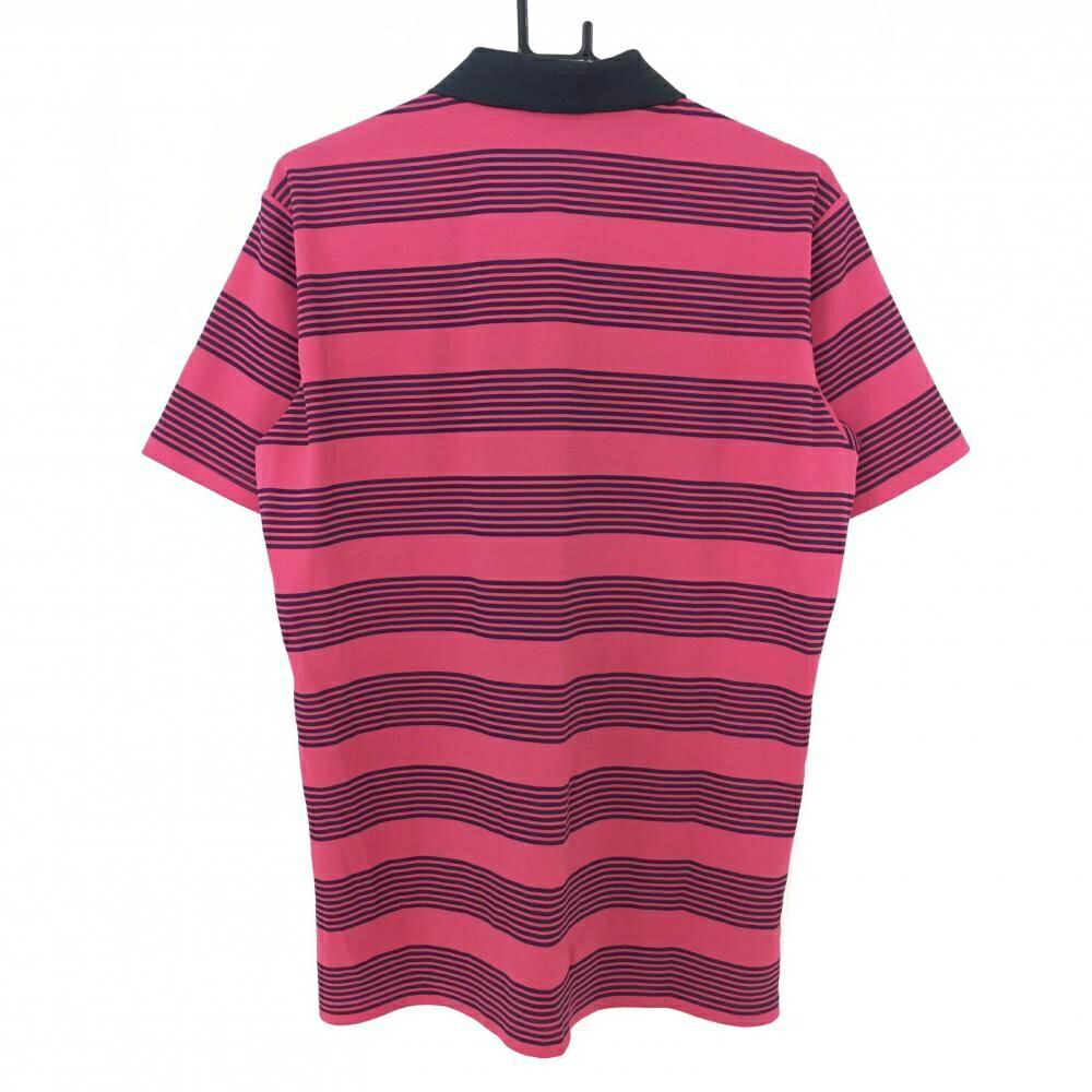【美品】ミズノゴルフ 半袖ポロシャツ ピンク×ネイビー ボーダー 襟裏ロゴプリント サンプル品 メンズ L ゴルフウェア MIZUNO