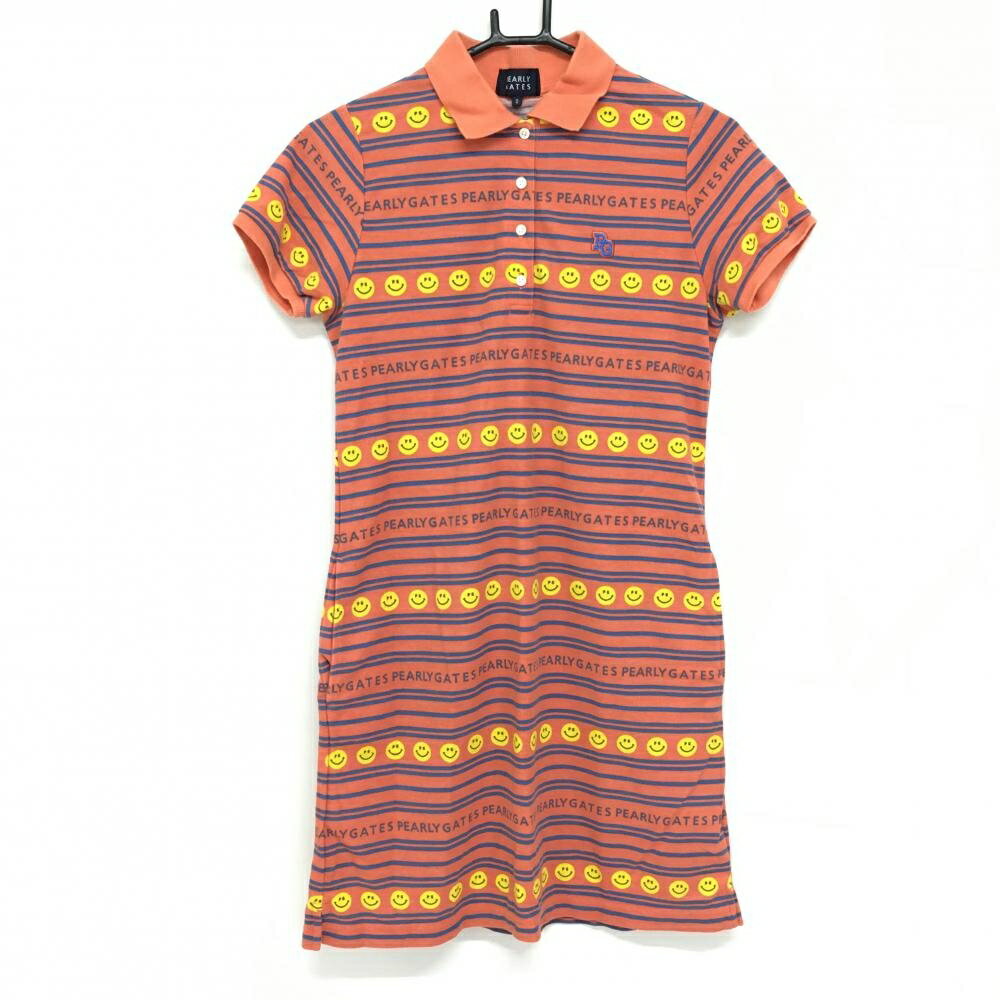 ★特価★パーリーゲイツ 半袖ポロワンピース オレンジ×ブルー ニコちゃん ボーダー スマイル レディース 0(S) ゴルフウェア PEARLY GATES