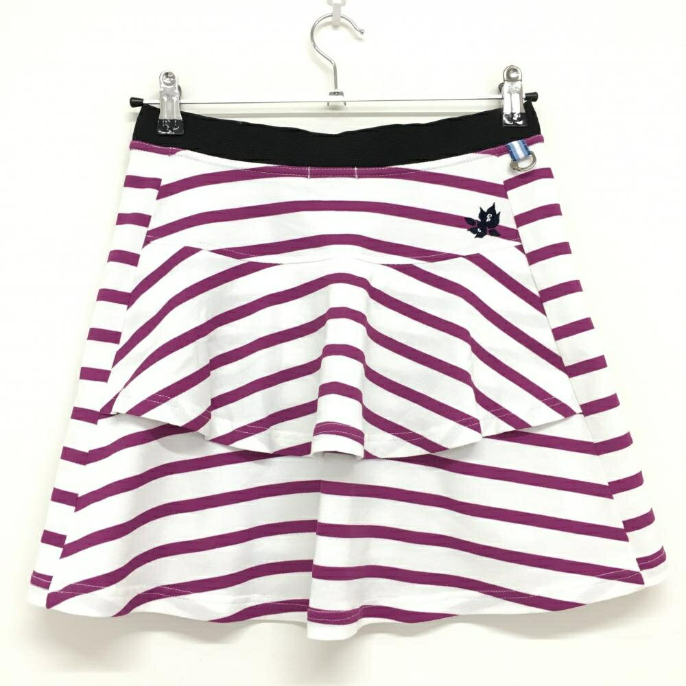 【美品】マンシングウェア スカート 白×パープル ボーダー柄 後ろ一部フリル ウエストゴム レディース M ゴルフウェア Munsingwear