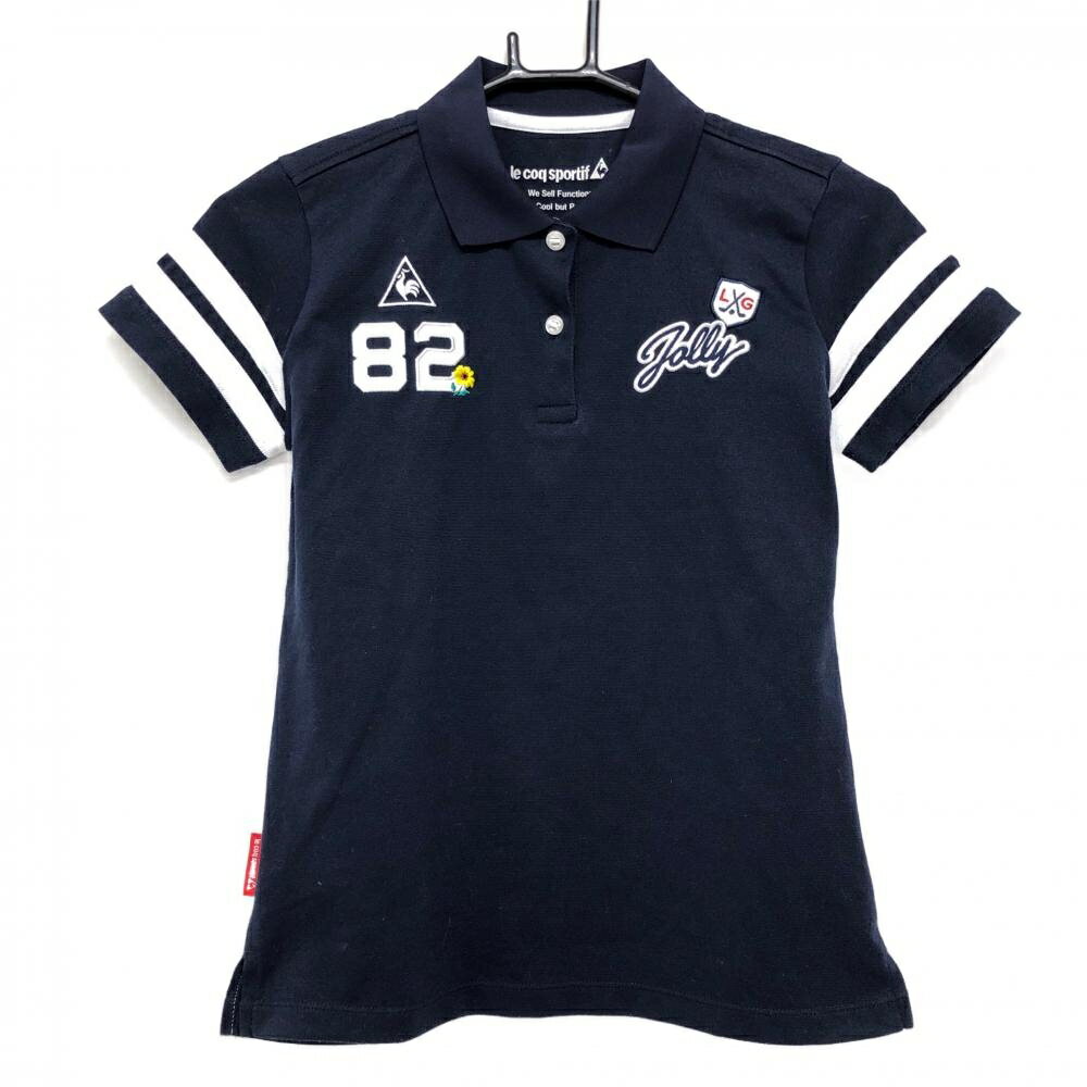 Le Coq - 【超美品】ルコック 半袖ポロシャツ ネイビー×白 袖2ライン 花刺しゅう レディース S ゴルフウェア le coq sportif