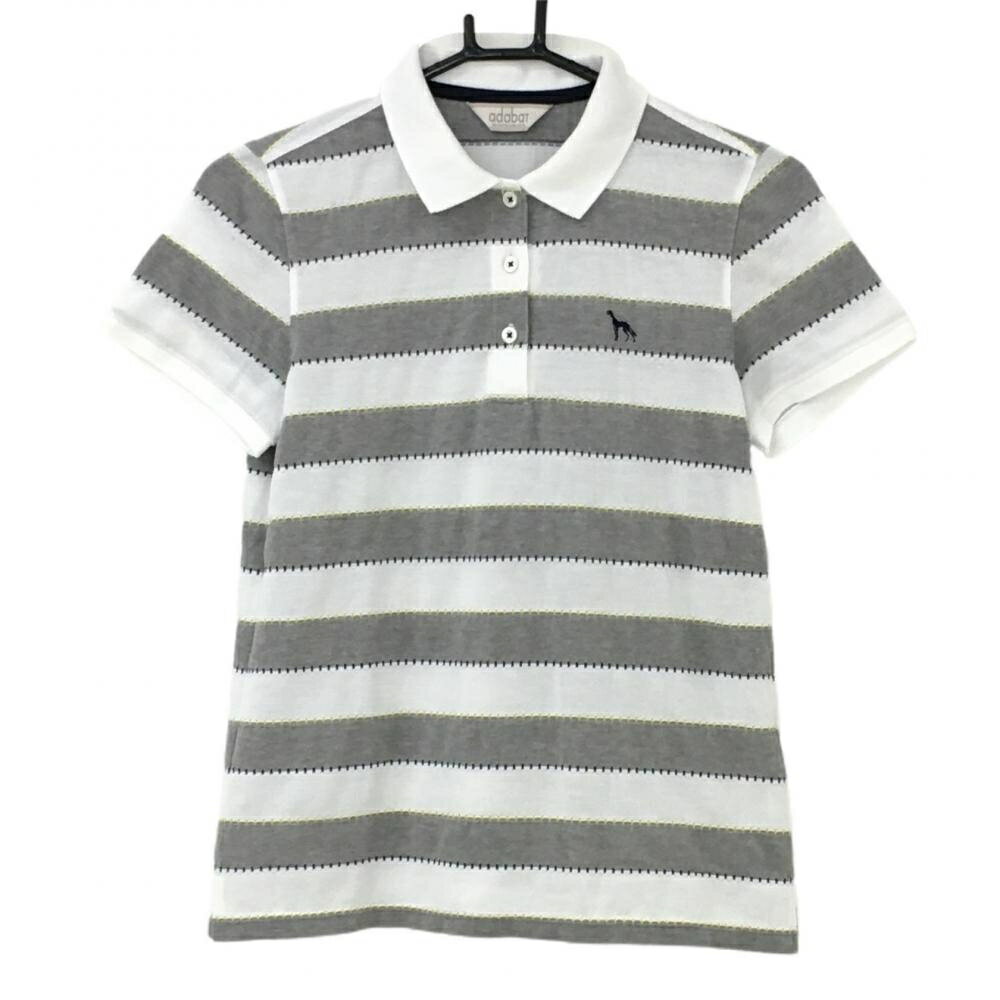 Adabat - アダバット 半袖ポロシャツ 白×グレー ボーダー ロゴ刺しゅう レディース 38(M) ゴルフウェア adabat