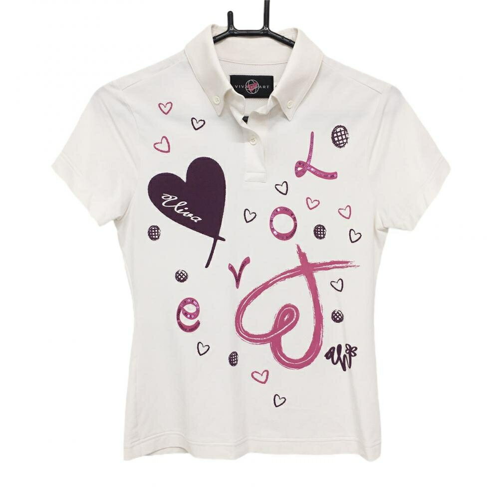 VIVA HEART - 【美品】ビバハート 半袖ポロシャツ 白×ピンク 前面ハート柄 ボタンダウン レディース 40(M) ゴルフウェア VIVA HEART
