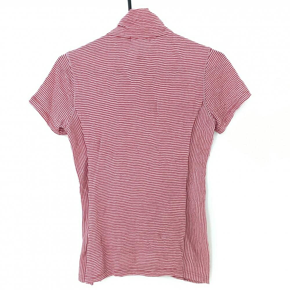 【美品】ヒールクリーク 半袖ハイネックシャツ レッド×白 ボーダー ハーフジップ ワッペン レディース 40(M) ゴルフウェア Heal Creek