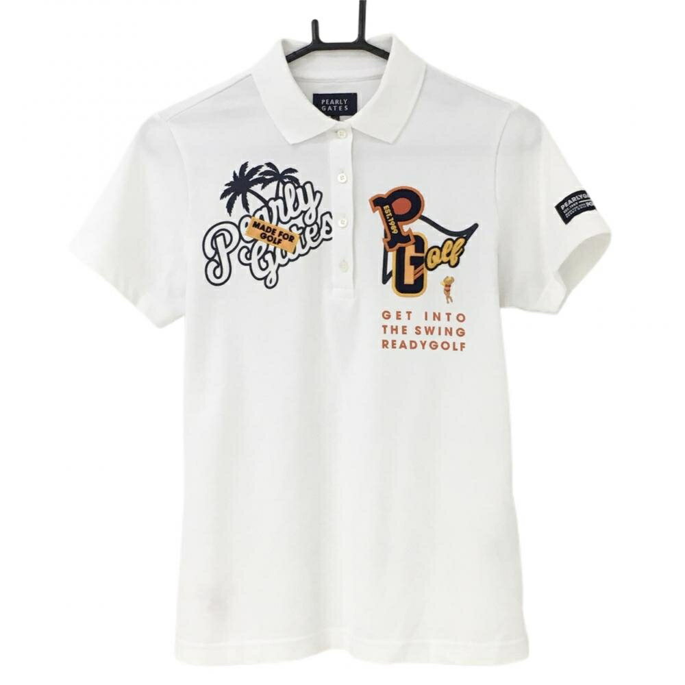 【美品】パーリーゲイツ 半袖ポロシャツ 白×ダークネイビー ヤシの木プリント 日本製 レディース 1(M) ゴルフウェア PEARLY GATES