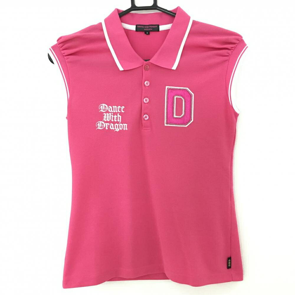 Dance with Dragon - 【美品】ダンスウィズドラゴン ノースリーブポロシャツ ピンク×白 ロゴ刺しゅう レディース 2(M) ゴルフウェア Dance With Dragon