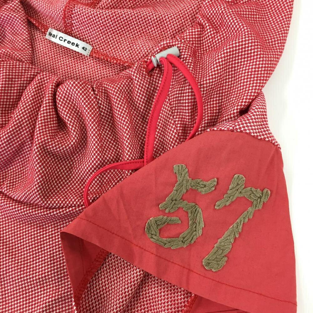 【美品】ヒールクリーク フード付き半袖ワンピース レッド×白 袖ナンバー ドローコ...