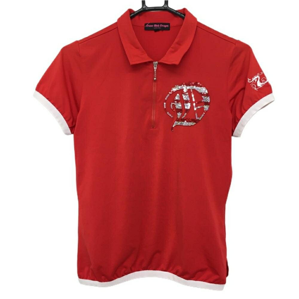 【美品】ダンスウィズドラゴン 半袖ポロシャツ レッド スパンコール ハーフジップ レディース 2(M) ゴ..