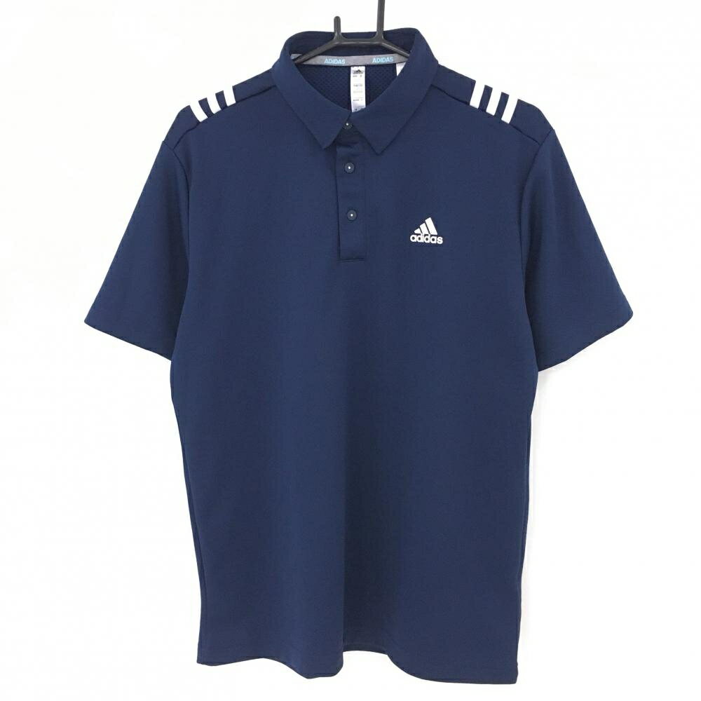 ★特価5%OFF★【超美品】アディダス 半袖ポロシャツ ネイビー×白 肩3ライン 織生地 メンズ O(XL) ゴルフウェア adidas
