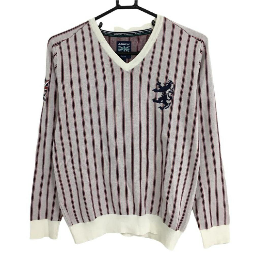【美品】アドミラル セーター 白×ネイビー×レッド ストライプ ニット コットン混 Vネック メンズ M ゴ..
