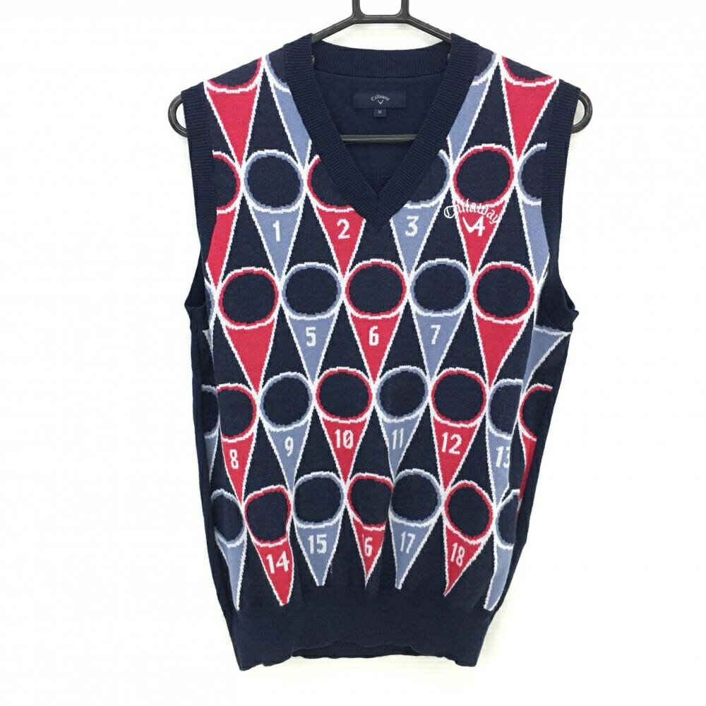 ★特価★【美品】キャロウェイ ニットベスト ネイビー×ピンク 前面総柄 コットン混 Vネック メンズ M ゴルフウェア Callaway