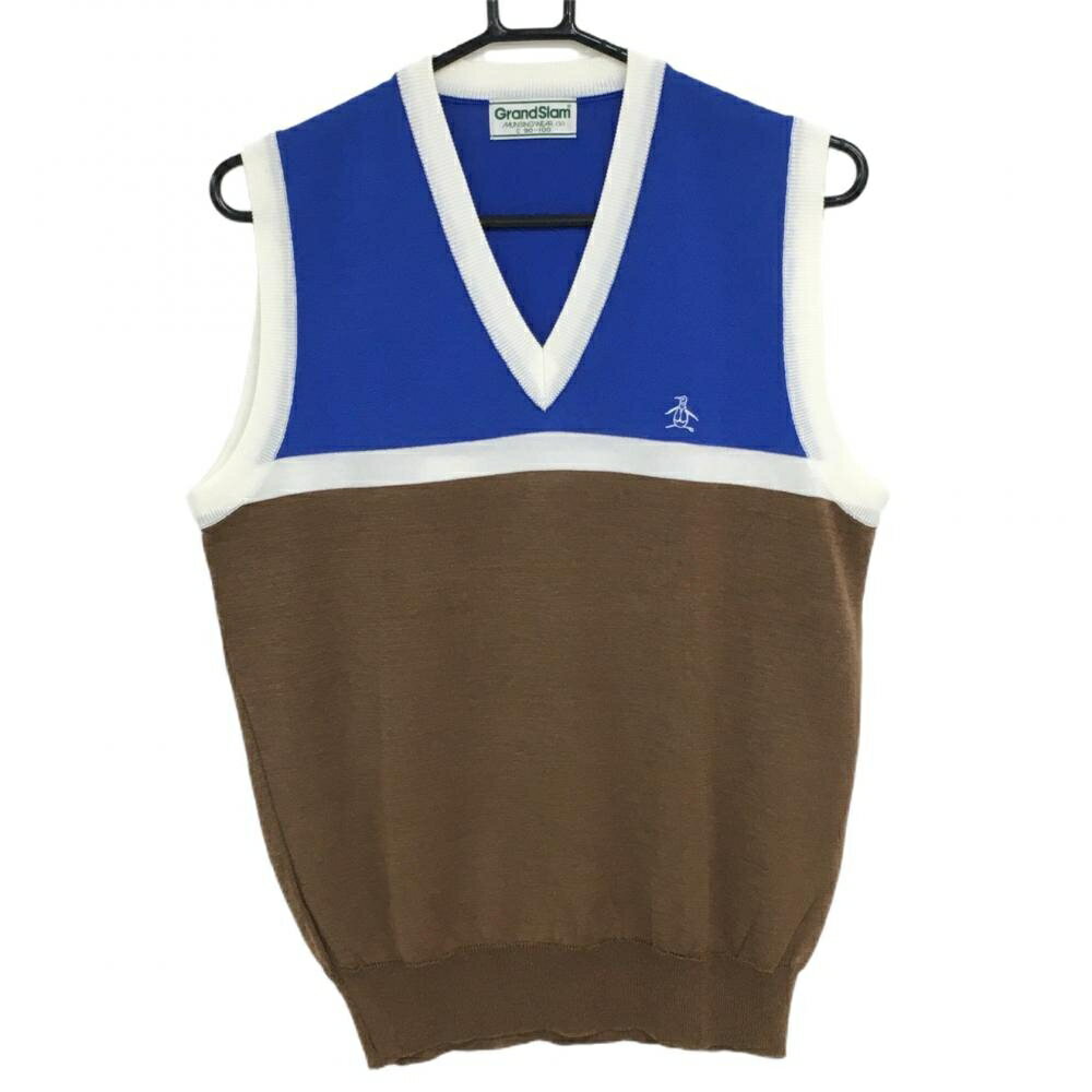 ★特価5%OFF★【美品】マンシングウェア ニットベスト ブラウン×ブルー ロゴ刺しゅう Vネック コットン混 メンズ 2 ゴルフウェア Munsingwear