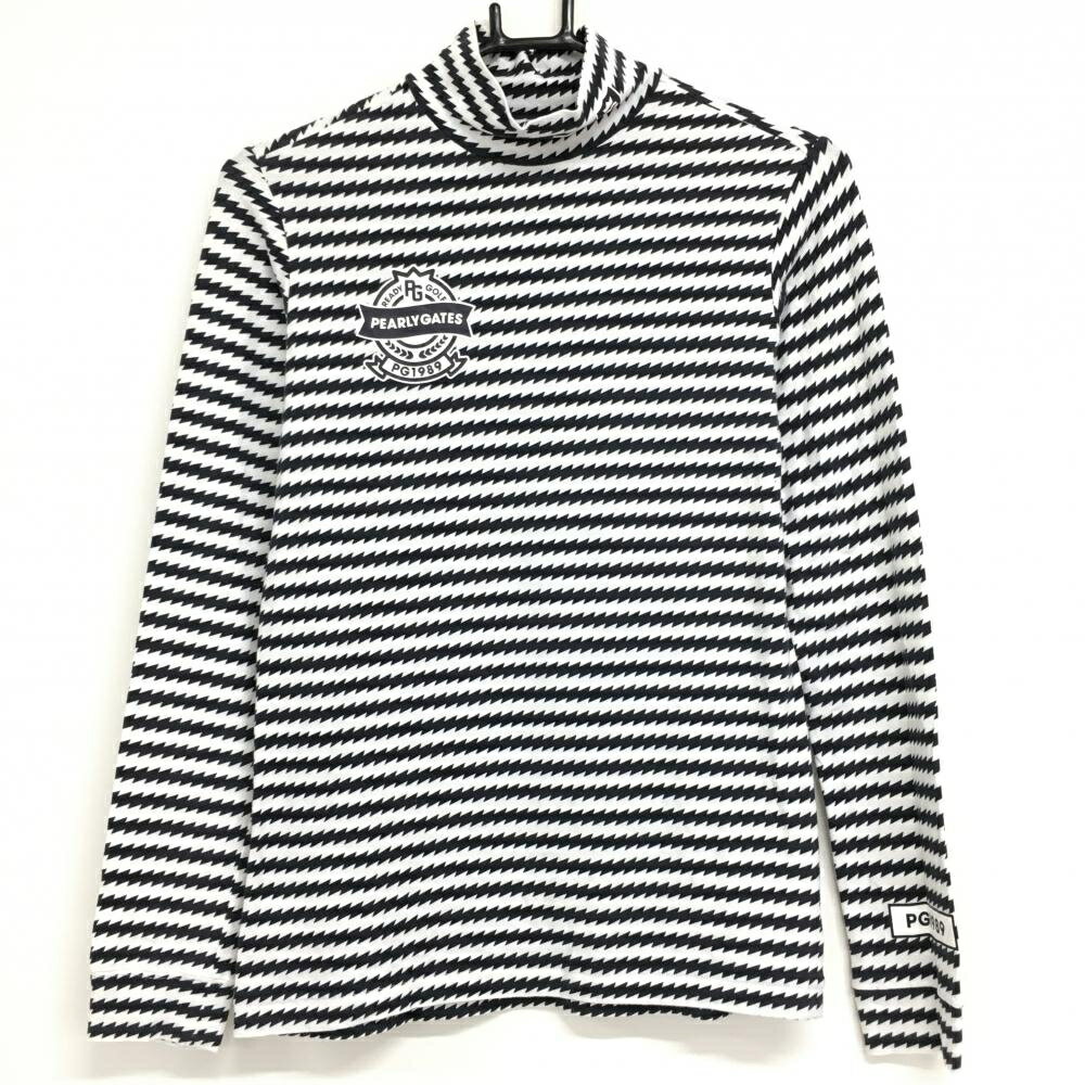 PEARLY GATES - 【美品】パーリーゲイツ 長袖ハイネックシャツ 白×ダークネイビー ギザギザ柄 コットン混 レディース 1(M) ゴルフウェア PEARLY GATES