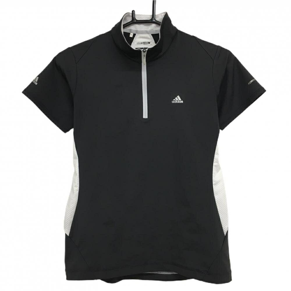 【美品】アディダス 半袖ハイネックシャツ 黒×白 サイドメッシュ調 ハーフジップ ロゴプリント レディース M/M ゴルフウェア adidas