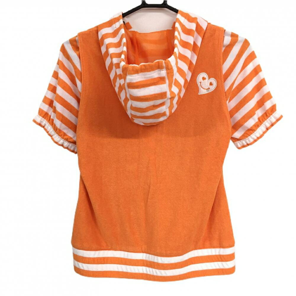 【美品】ビバハート 半袖パーカー オレンジ×白 袖・フードボーダー パイル地 裏メッシュ レディース 40(M) ゴルフウェア VIVA HEART