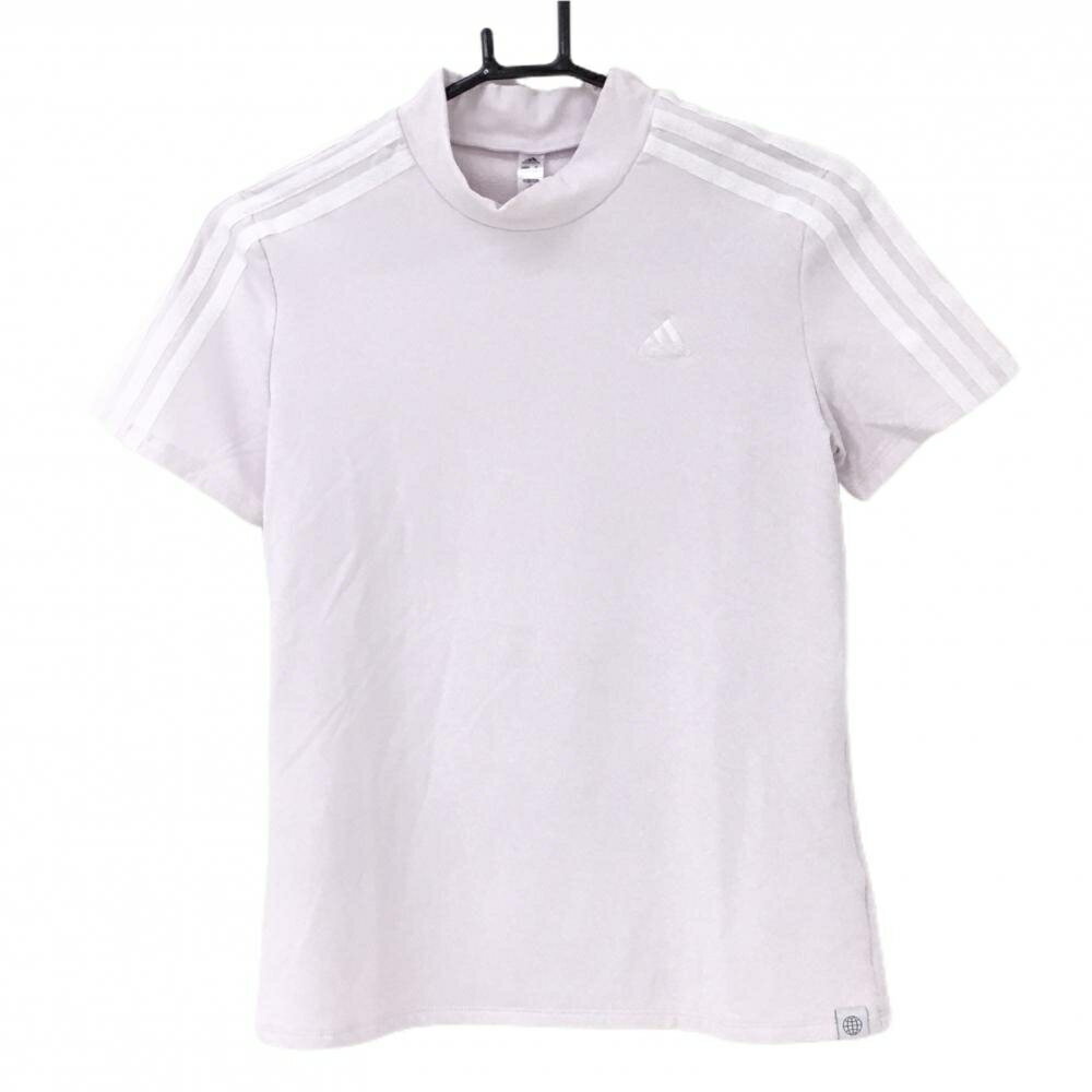 【美品】アディダス 半袖ハイネックシャツ ライトピンク×白 袖3ライン 裏凹凸生地 ストレッチ レディース S ゴルフウェア adidas