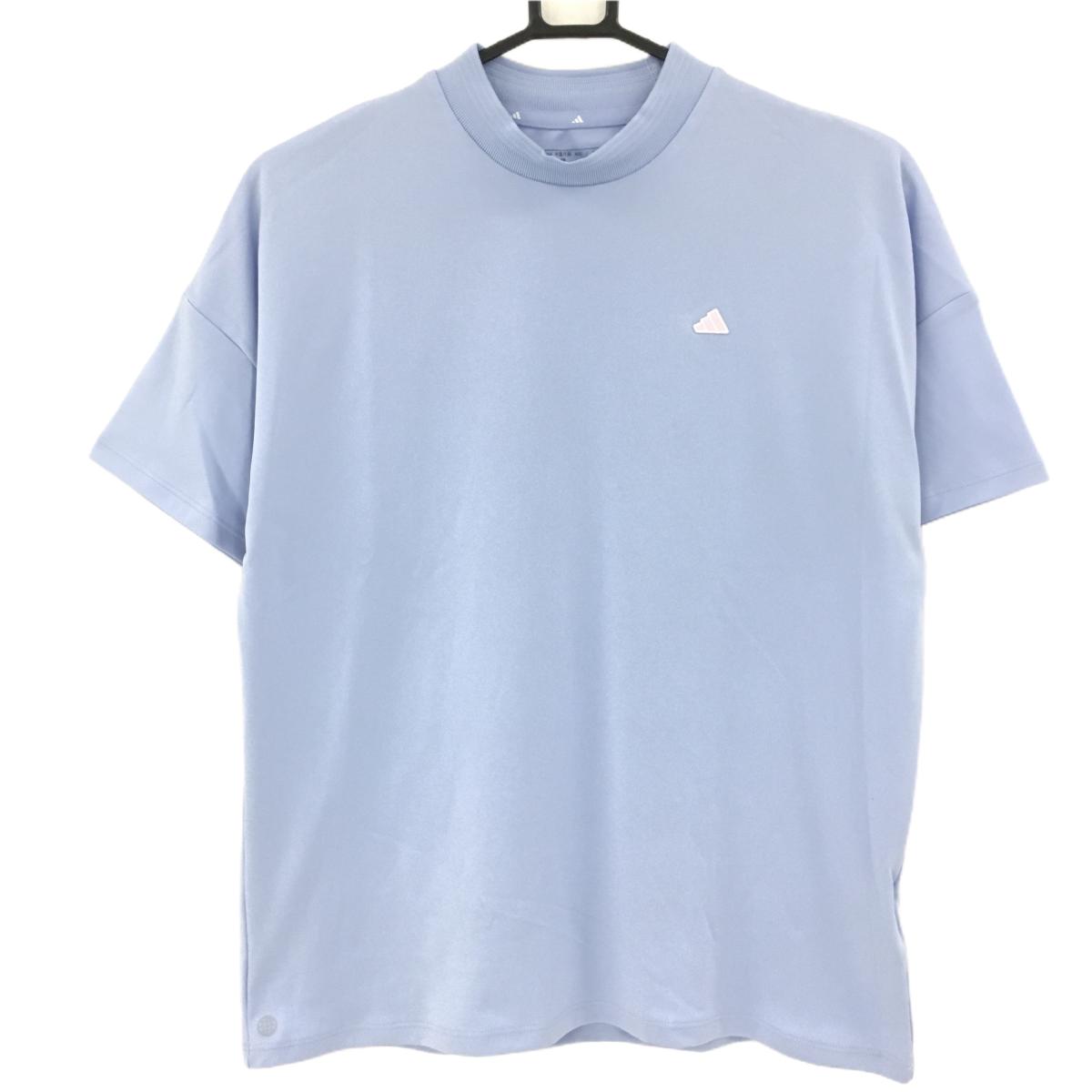 【美品】アディダス 半袖ハイネックシャツ ライトブルー ネックニット ロゴピンク　 レディース L ゴル..