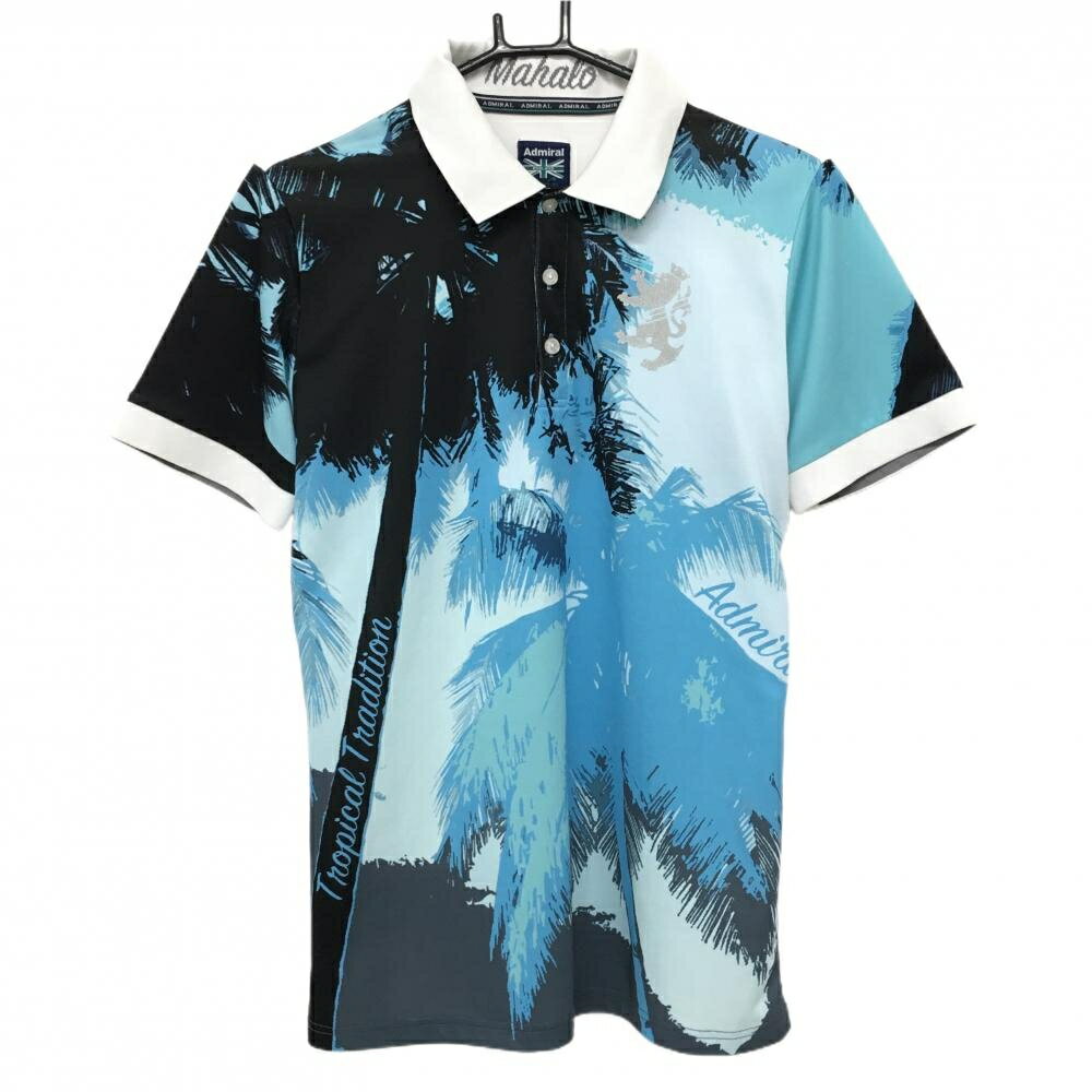 アドミラル 半袖ポロシャツ ブルー×黒 ヤシの木柄 ビッグロゴ メンズ L ゴルフウェア Admiral