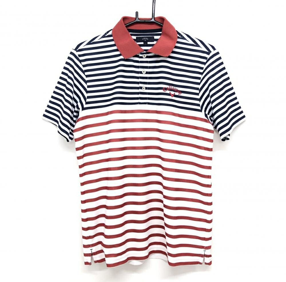 【美品】キャロウェイ 半袖ポロシャツ 白×レッド ボーダー ロゴ刺しゅう メンズ L ゴルフウェア Callaway