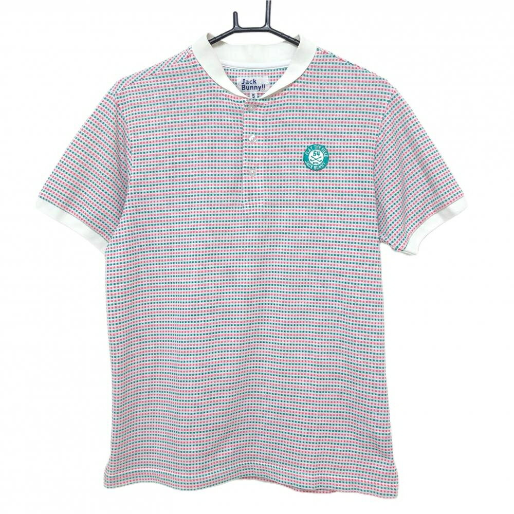 ジャックバニー 半袖ポロシャツ 白×グリーン 四角柄織生地 胸ワッペン スタンドカラー メンズ 5(L) ゴルフウェア Jack Bunny