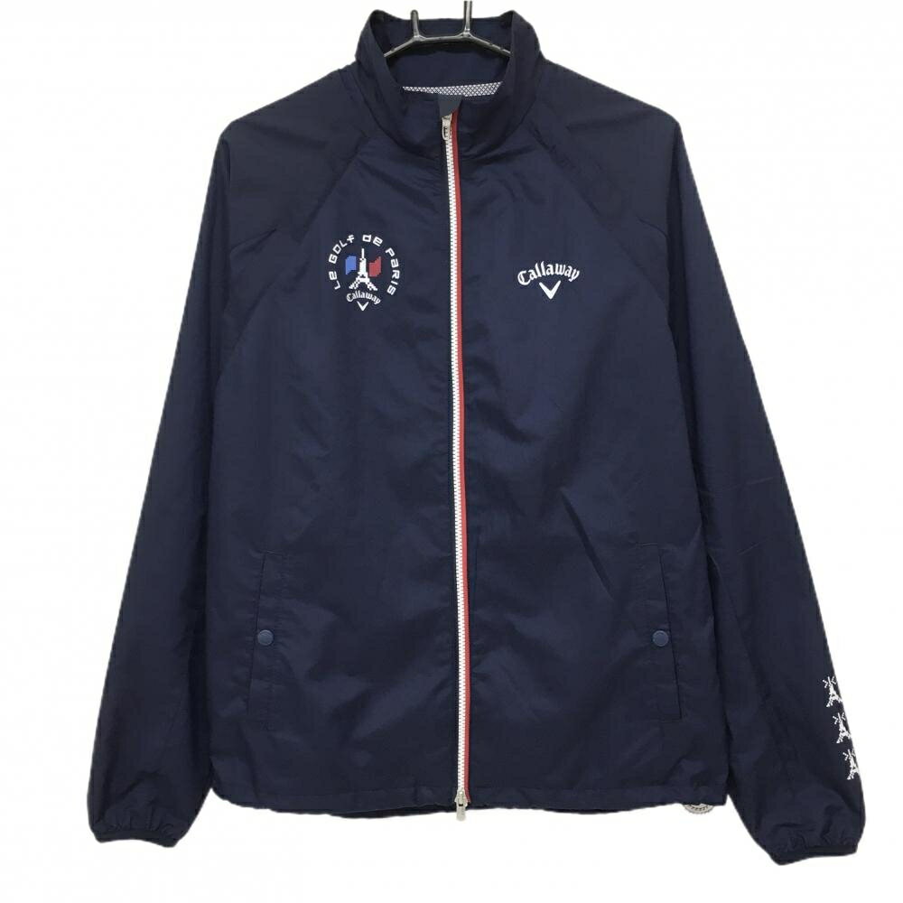 【美品】キャロウェイ 2WAYジャケット ネイビー メッシュ裏地 袖着脱可 エッフェル塔プリント ブルゾン メンズ L ゴルフウェア Callaway