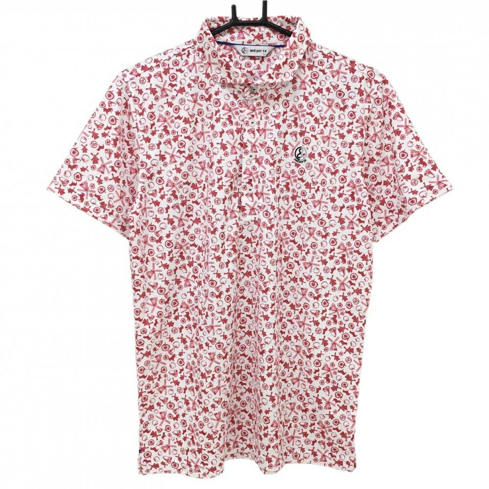 アンパスィ 半袖ポロシャツ 白×ピンクレッド 総柄 ロゴワッペン メンズ L ゴルフウェア and per se