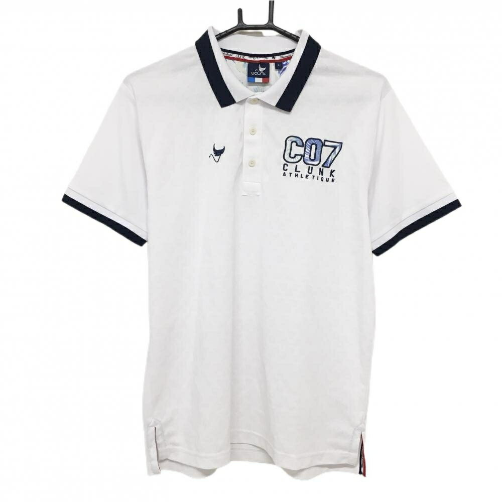 【超美品】クランク 半袖ポロシャツ 白×ネイビー 地模様 ワッペンリーフ柄 メンズ L ゴルフウェア CLUNK