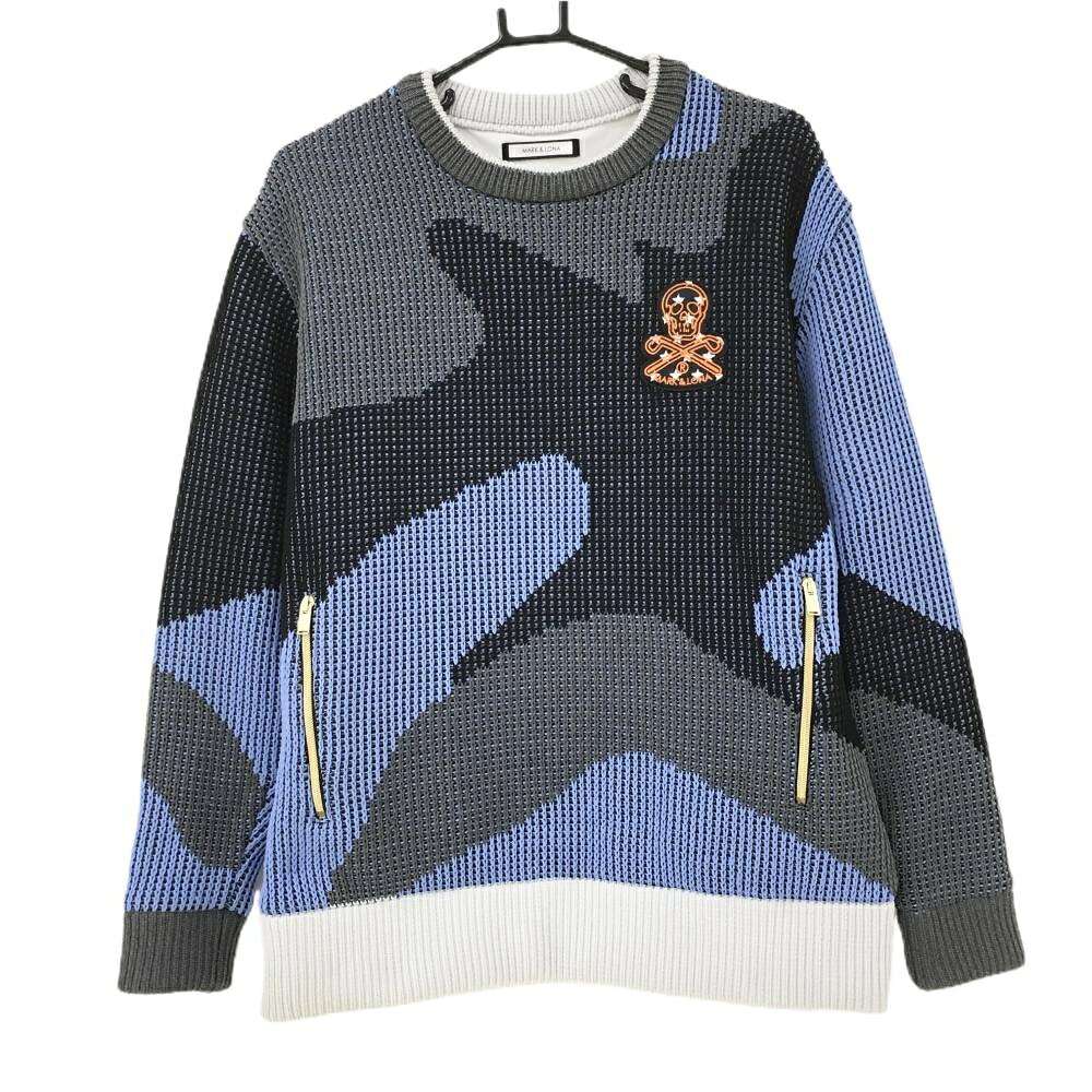 【超美品】マークアンドロナ セーター ブルー×黒×グレー 迷彩 カモフラ ニット 裏地付 メンズ 48(L) ゴルフウェア MARK＆LONA