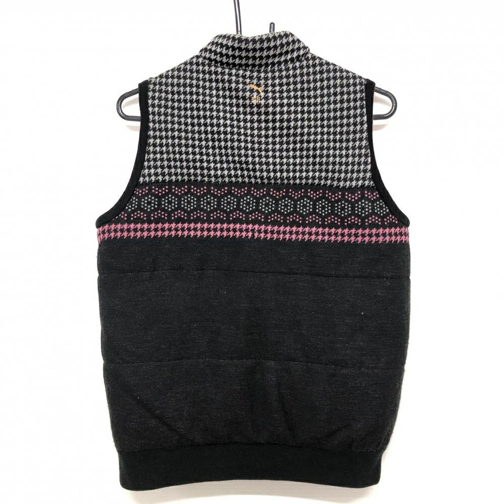 プーマ リバーシブル中綿ベスト 黒×グレー 一部千鳥柄 裏ピンク ロゴ刺しゅう メンズ S ゴルフウェア PUMA