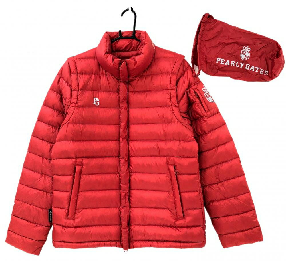 【美品】パーリーゲイツ 2WAYダウンジャケット レッド 軽量 袖着脱可 収納袋付 メンズ 5(L) ゴルフウェア PEARLY GATES