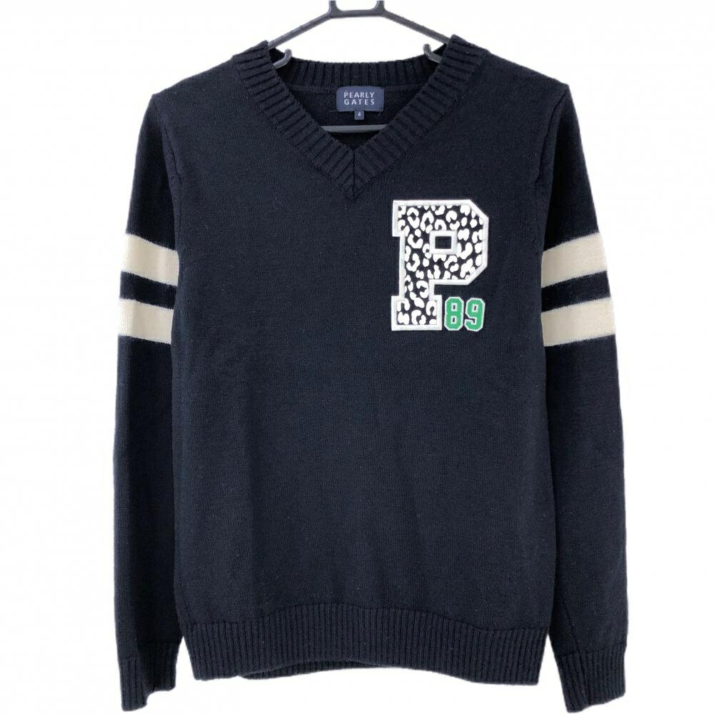 【美品】パーリーゲイツ セーター ダークネイビー×白 一部レオパード ヒョウ柄 ニット メンズ 4(M) ゴルフウェア PEARLY GATES