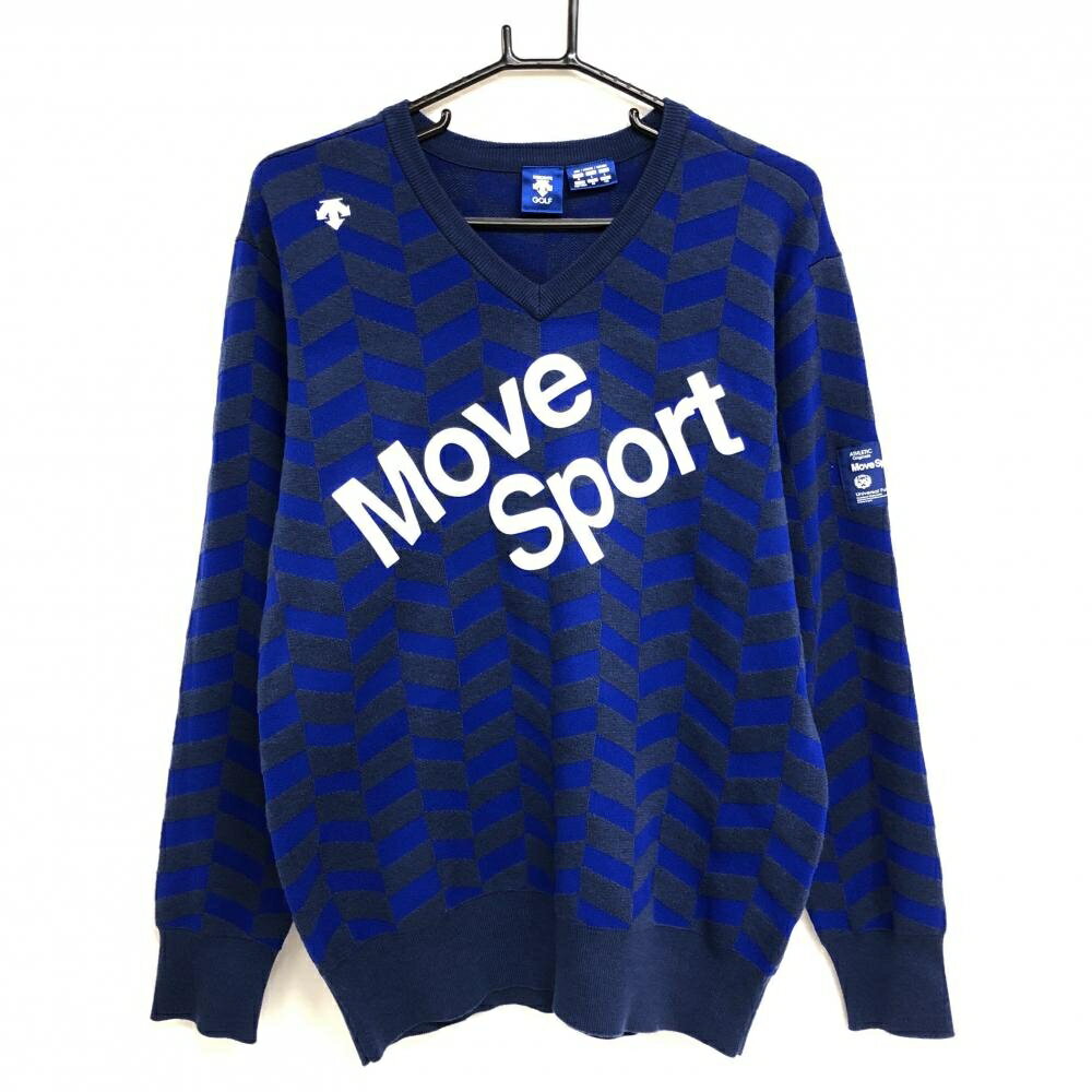 【超美品】デサントゴルフ セーター ブルー×ネイビー 総柄 Vネック ニット 中田英寿 ウール混 メンズ 0 ゴルフウェア DESCENTE